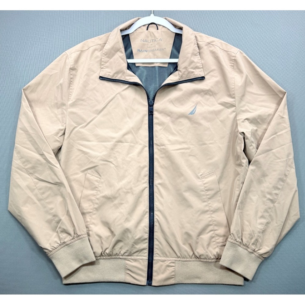 Nautica Rainbreaker Men's M Khaki Tan Full Zip Lightweight Windbreaker Jacket